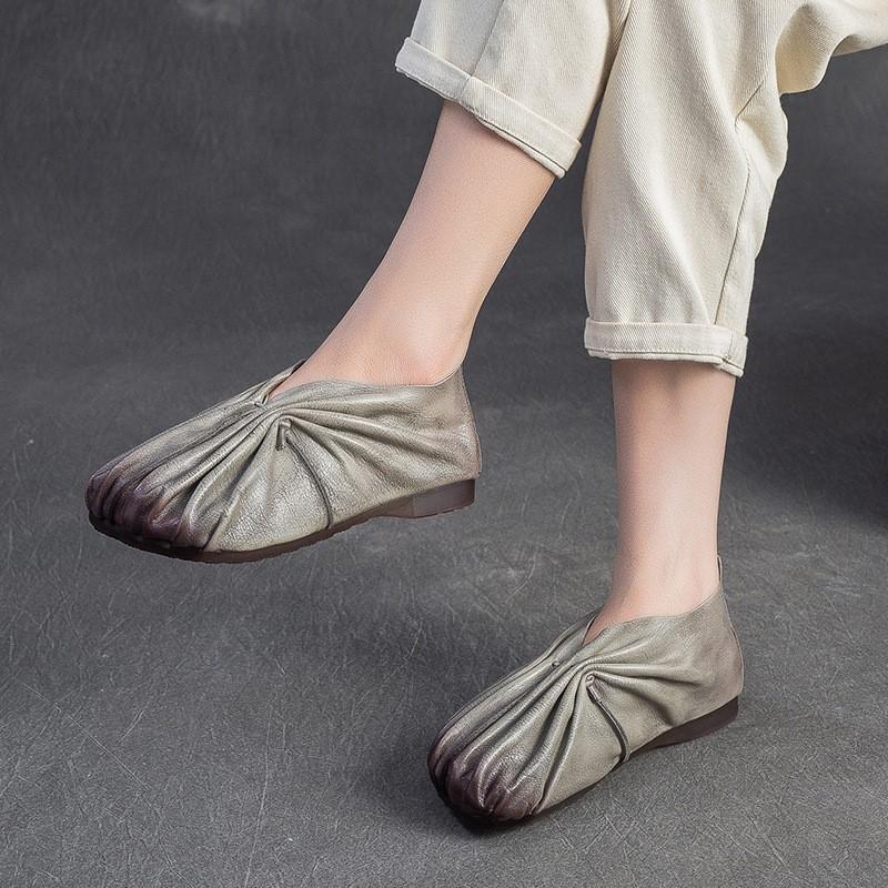 Johnature Ретро Плиссированные Балетки Ручной Работы из Натуральной Кожи с Круглым Носком на Мягкой Подошве Легкие Женские Слипоны