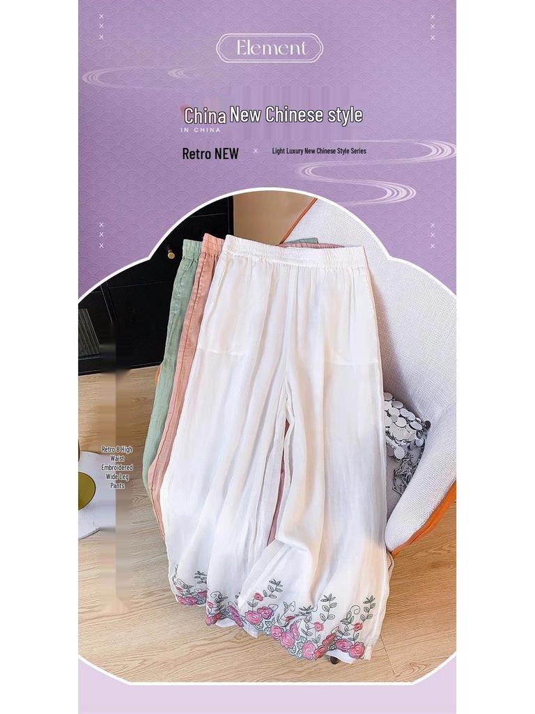 Женские зеленые вышитые хлопково-льняные брюки широкие - Коллекция Лето 2024