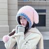 Новая милая шапка с кроличьими ушками для женщин на осень и зиму, утолщенная велосипедная шапка-мешок, интегрированная вязаная плюшевая шапка