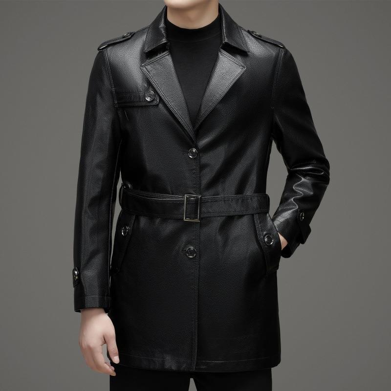 Весенне-осеннее мужское кожаное пальто средней длины, тонкий первый слой из коровьей кожи, ветровка с утолщением из бархата