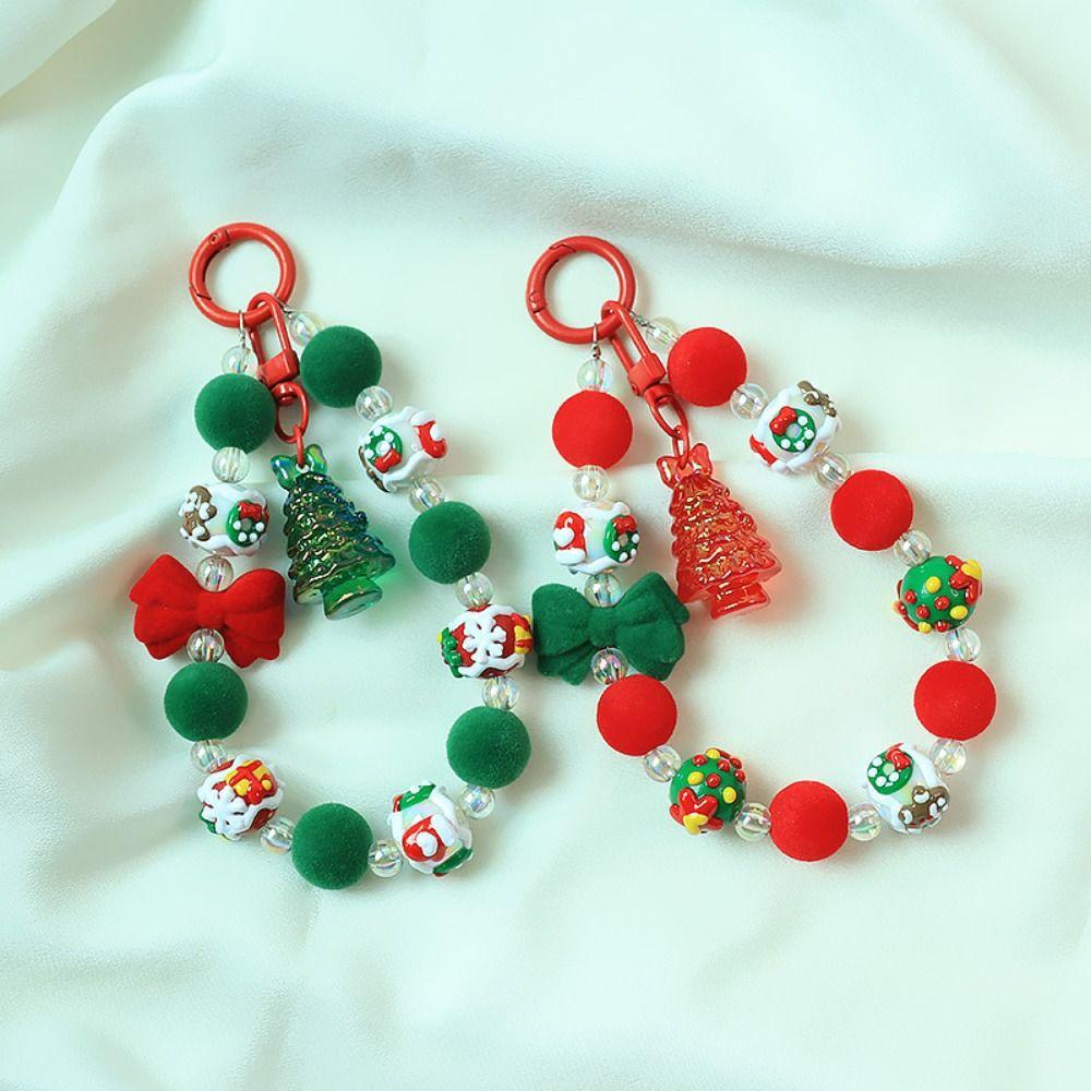 Santa Claus Plush Beads Keychain Flocked Bowknot Beaded Cell Phone Lanyard  Unisex
