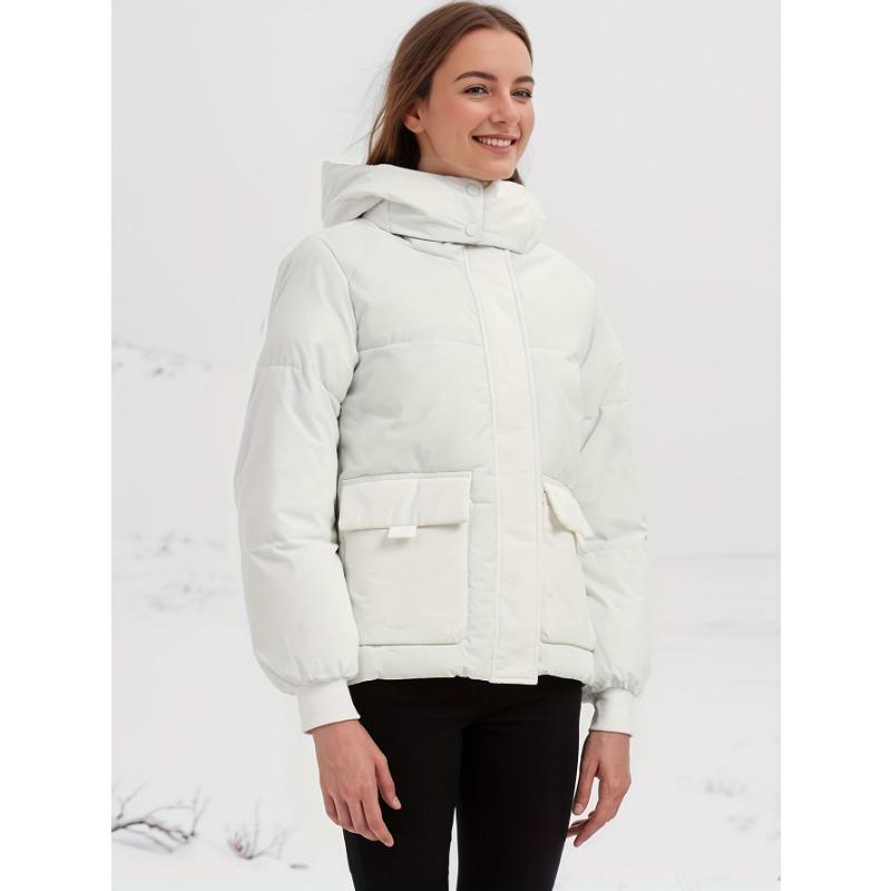 Women Autumn Winter Hooded Padded Warm Color Block Short Cotton Coat