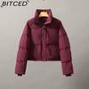 BITCED Short Stand-Up Collar Cotton Jacket for Women - Minimalist Oversized Fit Zipper Puffer Coat Solid Color