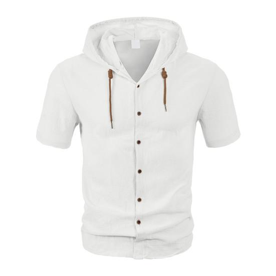 Men's Linen Hooded Shirt Solid Color Short Sleeve Shirt Loose Fit Button