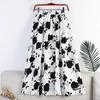 Women Skirt Elastic High Waist A-Line Skirt Rose Flower Print Midi Skirt with Pleated Hem Work Leisure Daily Wear