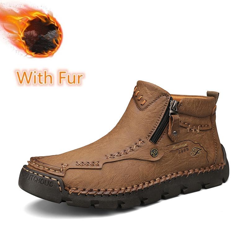 Stylish Men Winter Plush Snow Boots Side Zipper Men Low Top Casual Shoes Leather Male Motorcycle Boots Travel Men's Ankle Boots