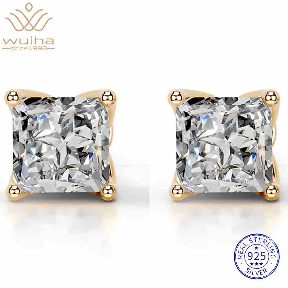 WUIHA 925 Sterling Silver 2 CT Princess Cut D Color Real GRA Moissanite Diamonds Gemstone Studs Earrings Fine Jewelry Pass Test
