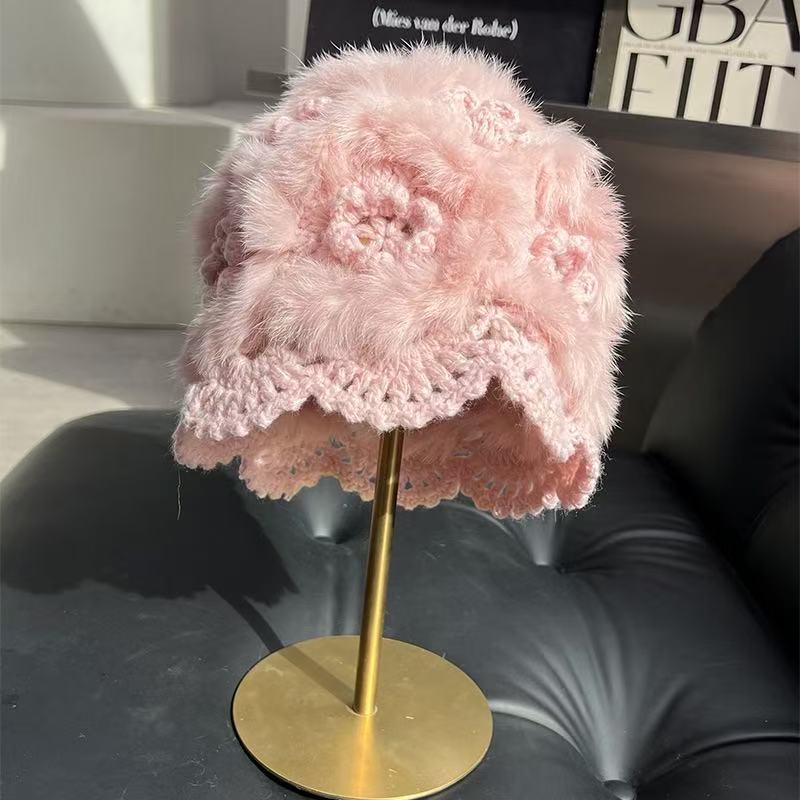 Cartoon Style Wool Beanie With Plush Fur Material And Adjustable Fit For Casual Wear