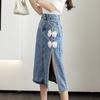 Nail Bead Bow Denim Skirt for Women's Summer Wear High Waisted Split Hip Skirt