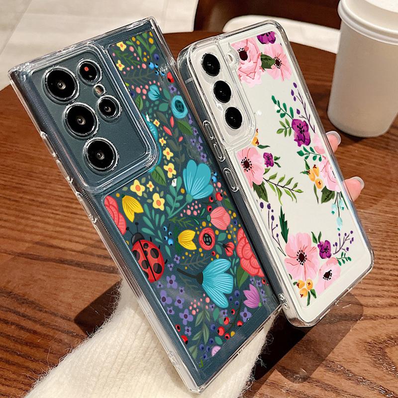 Flower Print Transparent Phone Case For Samsung Galaxy S25 S24 S22 Ultra S23 S24 FE A17 A56 A16 A36 A26 A55 A15 A25 A54 5G Shockproof Soft Back Cover