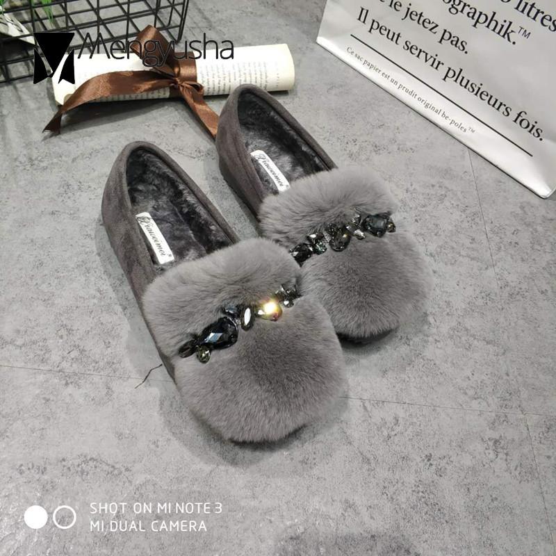 Модные хрустальные бусины, меховые балетки-мокасины для женщин, большой размер 35-42, уютные мюли из кроличьего меха, плоские хлопковые туфли, женские ромбовидные меховые лоферы