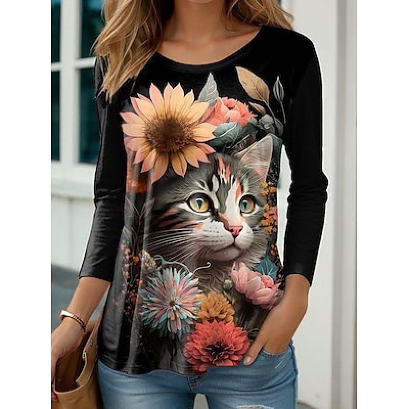 Women's 3d Colorful Cartoon Kawaii Cat Print Autumn Long Sleeve Tops Women's T-Shirt O-Neck Oversized Ladies Clothing