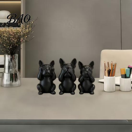 Three-part French Bulldog Design 3D Printed Statues Set of 3, Matte Black Sculpture, Minimalist Bull Dog Desktop Statue Figurines for Home Decoration,