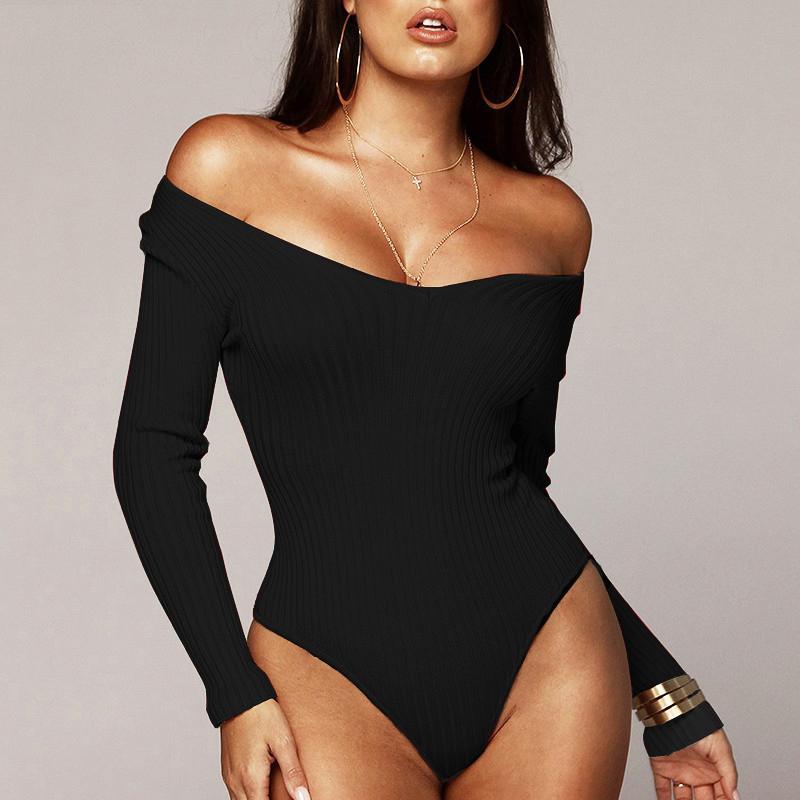 Sexy Charming Black Deep V-Neck Off Shoulder Bodysuit Elastic Long Sleeve Bodysuit Women's Shirt Bodysuit Autumn and Winter Clothes