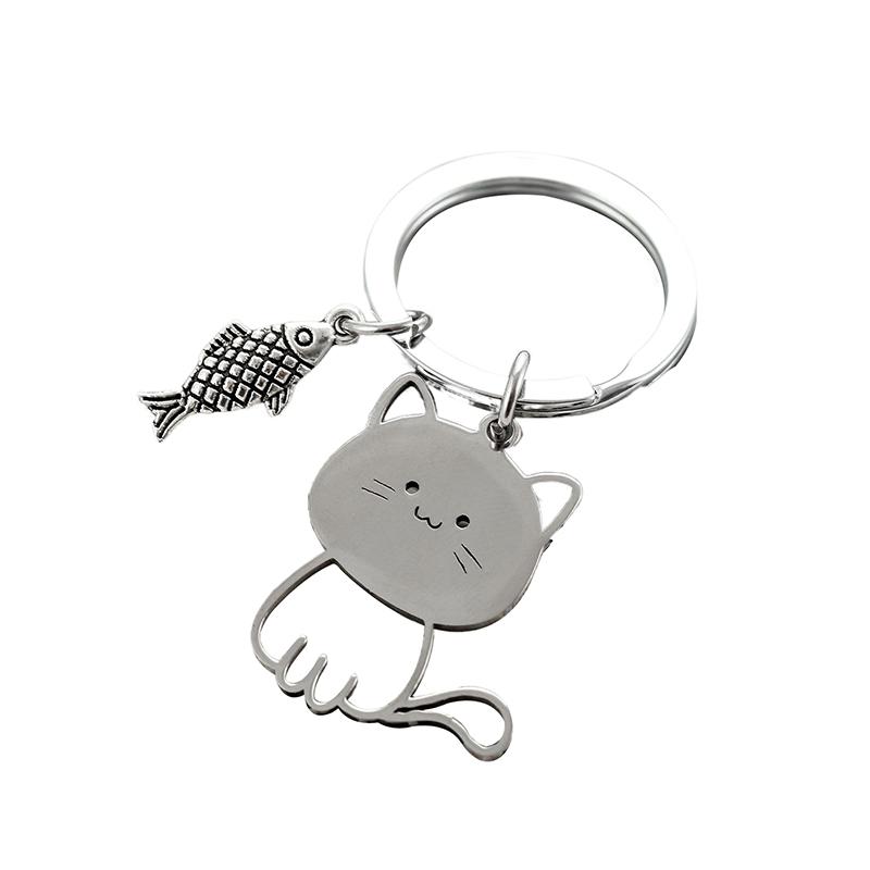 Funny Cartoon Cat Fish Keychain Couple Lovers Stainless Steel Keyring Lovely Pendant Key Chain Valentine'S Day Gift Jewelry