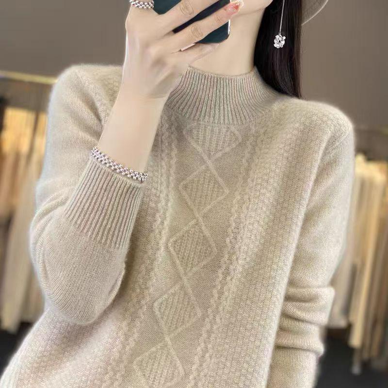 Пуловер с полувысоким воротником, вязаный свитер для женщин, осень и зима, однотонный, с длинным рукавом, свободный, повседневный свитер