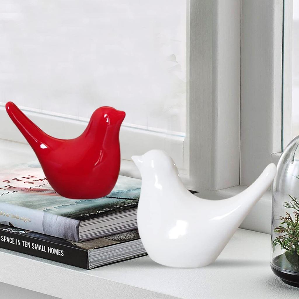 Creative White and Red Glossy Ceramic Birds Figurines Home Decorations Accessories Party (Pack of 2, White & Red)