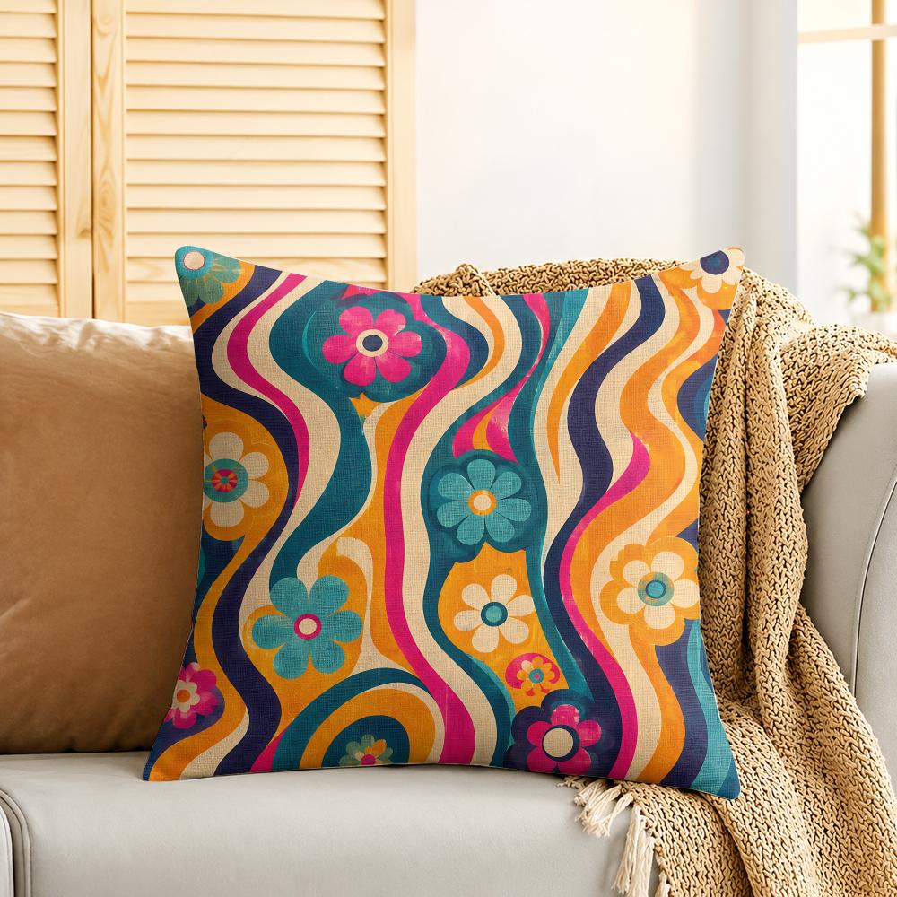 Groovy Retro Flowers Cushion Cover Silky Short Plush Invisible Zipper Dustproof Sofa Pillow Case For Home Decor
