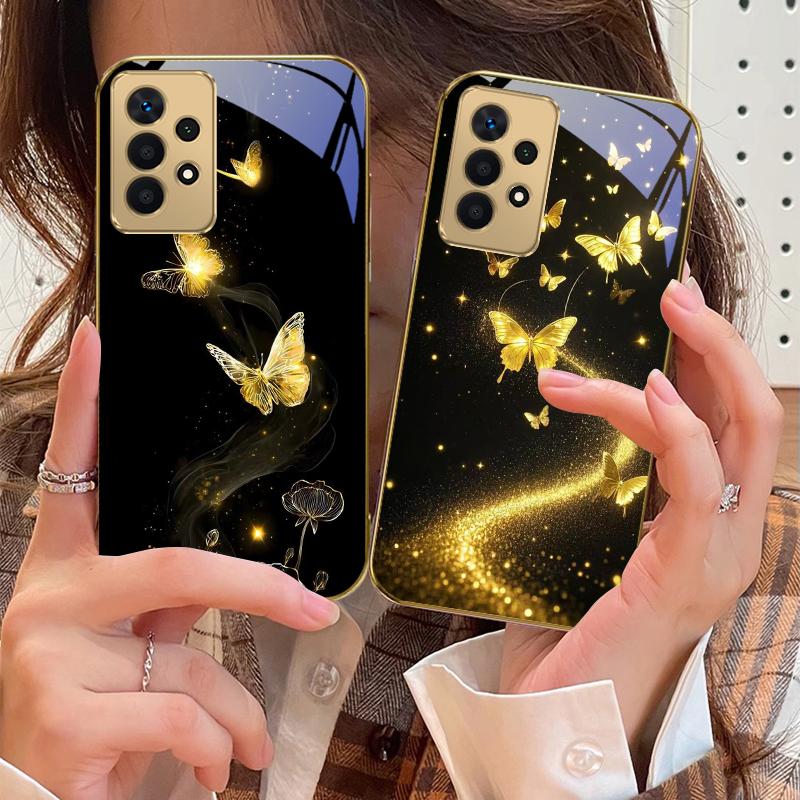 Извивающееся золотое сияние Для Samsung A 01 52S A04 A05S A10 A12 13 22 23 24 36 42 M02 Note 10 20Ultra 8 9 Золотой стеклянный чехол для телефона