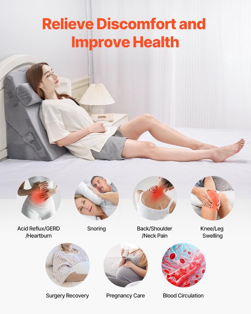VEVOR Bed Wedge Pillow for Sleeping, 3 Pcs Adjustable Orthopedic Bed Wedge Set, with Washable Cover & Foam Support