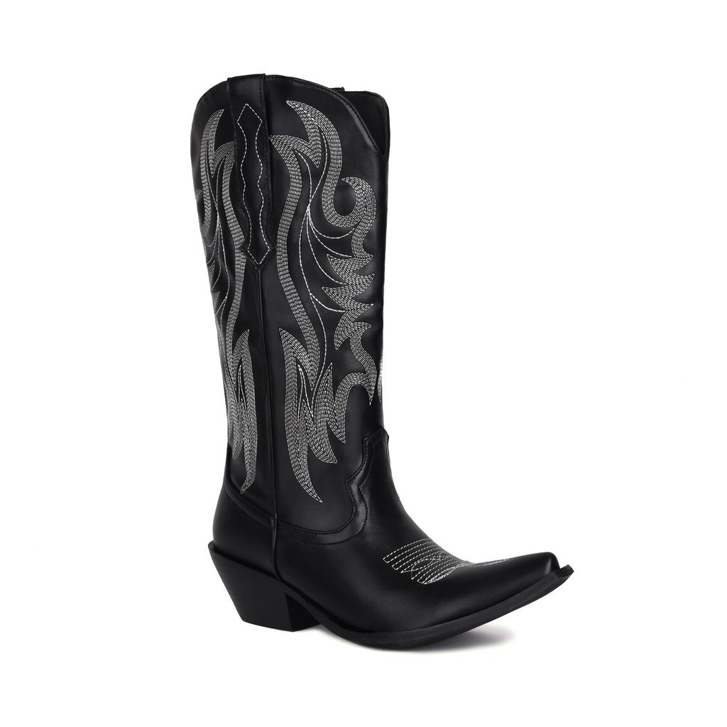 IPPEUM Silver Metallic Cowboy Boots Knee High Embroider Chunky Heel  Cowgirl Shoes Mid Calf Western Botas Cowboy Mujer