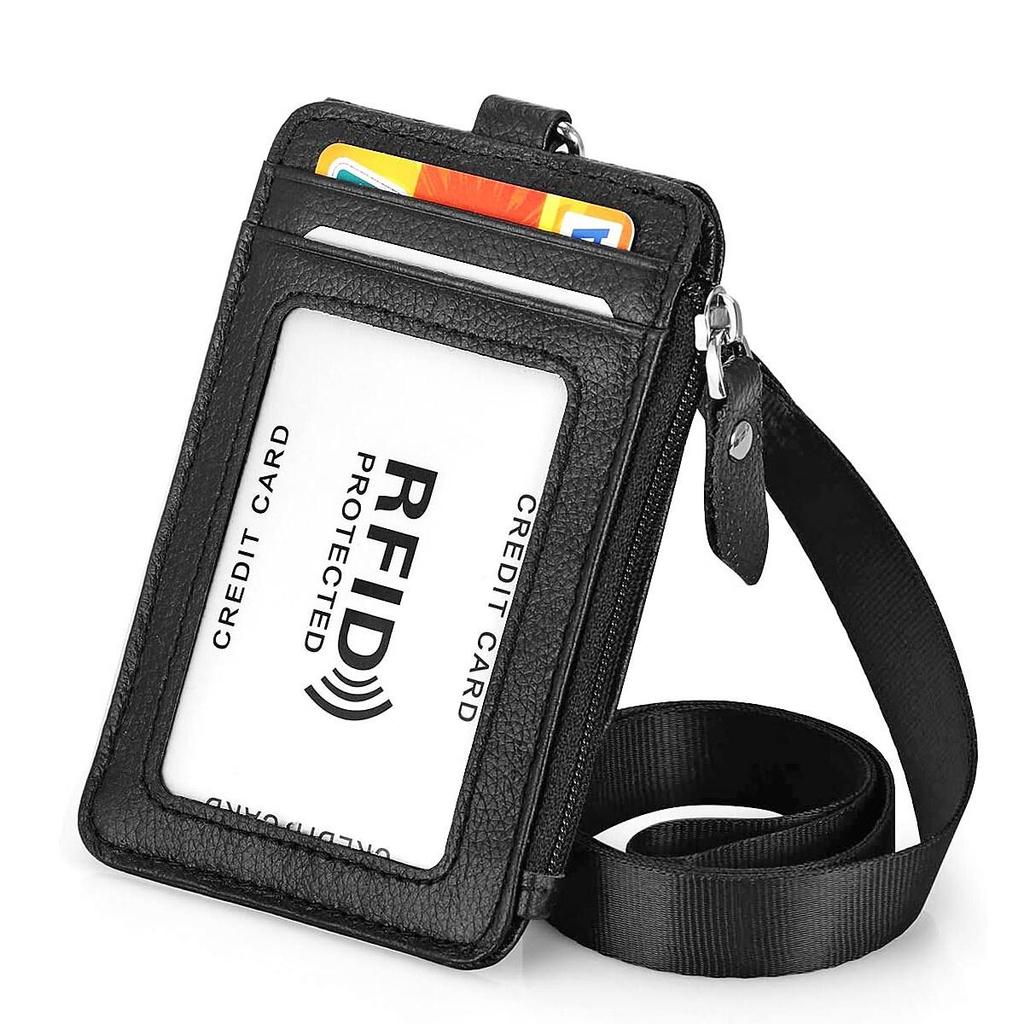 Genuine Leather ID Holder with Zipper RFID Keychain Wallet Neck Lanyards with Swivel Hook for Card/Coin/Cash Black Card Holder
