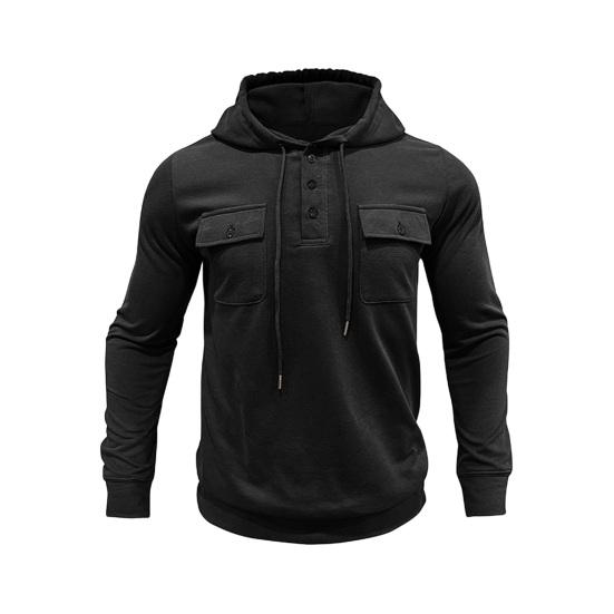 Fall Spring Men Top Drawstring Chest Pockets Buttoned Hooded Long Sleeves Pure Color Elastic
