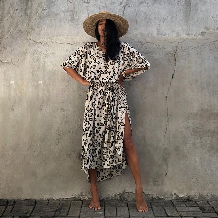 2021 European & American Leopard Print Rayon Beach Cover-up Robe with Belt