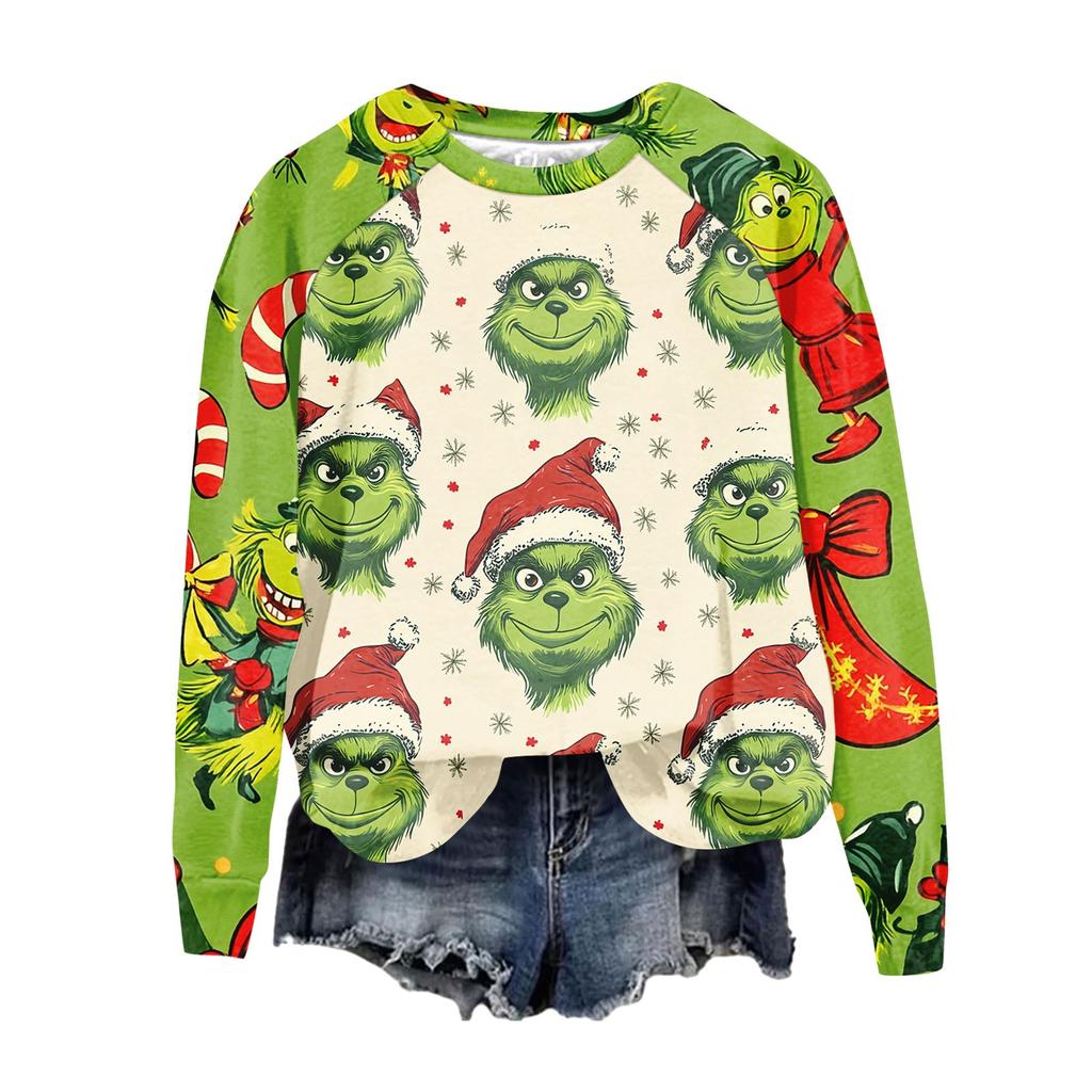 Women's Fashion Casual Long Sleeve Christmas Print Raglan Round Neck Sweatshirt Top