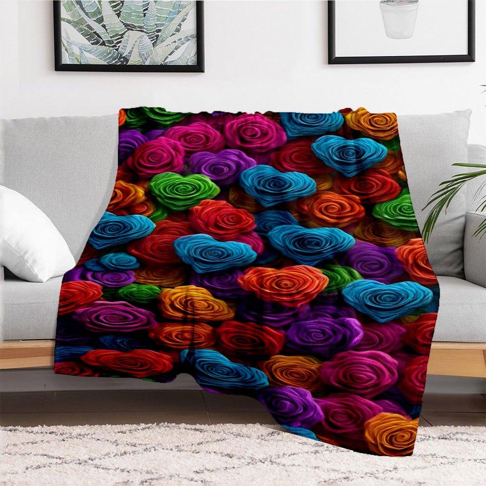 Colorful Rose Heart Fabric Print Upholstery MaterialBlanket Flannel Throw Blanket for Sofa, Bed, Travel, Camping, Office, Couch, Chair, And