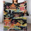 GUOYU Blanket Throw Blanket Chinoiserie Charcoal Coral Pagoda Flannel Fleece Throw Blanket Japanese Asian Style Blanket Pagoda and Flower