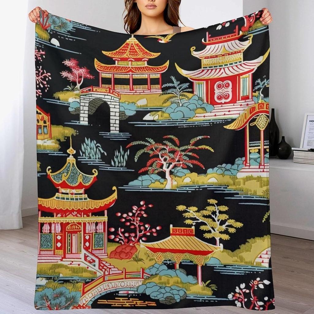 GUOYU Blanket Throw Blanket Chinoiserie Charcoal Coral Pagoda Flannel Fleece Throw Blanket Japanese Asian Style Blanket Pagoda and Flower
