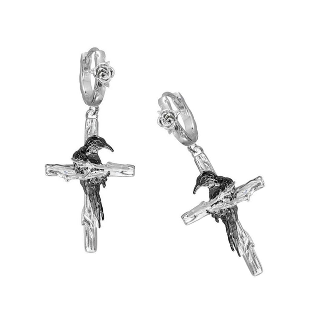 Gothic Cross Raven Punk Earrings Edgy Dark Jewelry Unique Design Ear Studs Alloy Hypoallergenic Ear Jewelry for Women