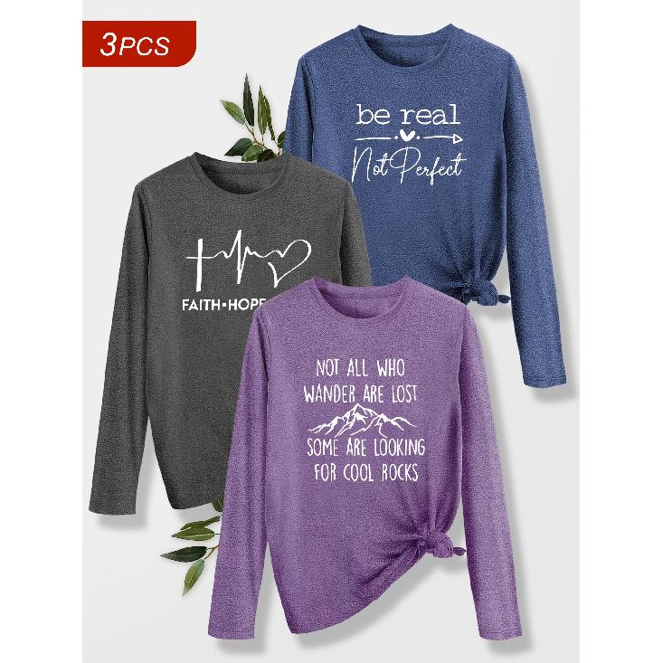 Three-piece matching outfit for sisters, fashionable and simple, retro style with English letter patterns, new design, printed round neck, long
