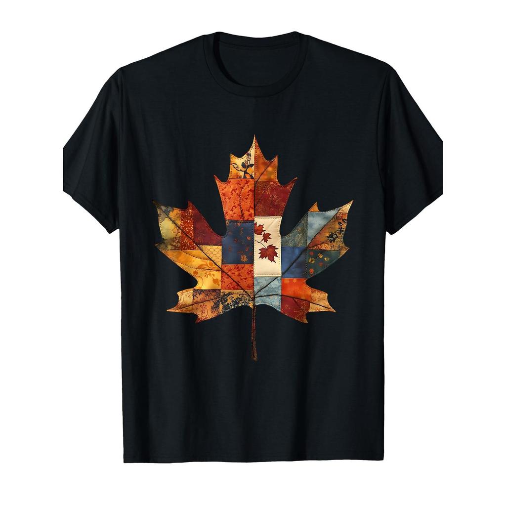 Vintage Maple Leaf Patchwork Graphic T-Shirt Soft Cotton Casual Short Sleeve Tee Unisex Autumn Colors