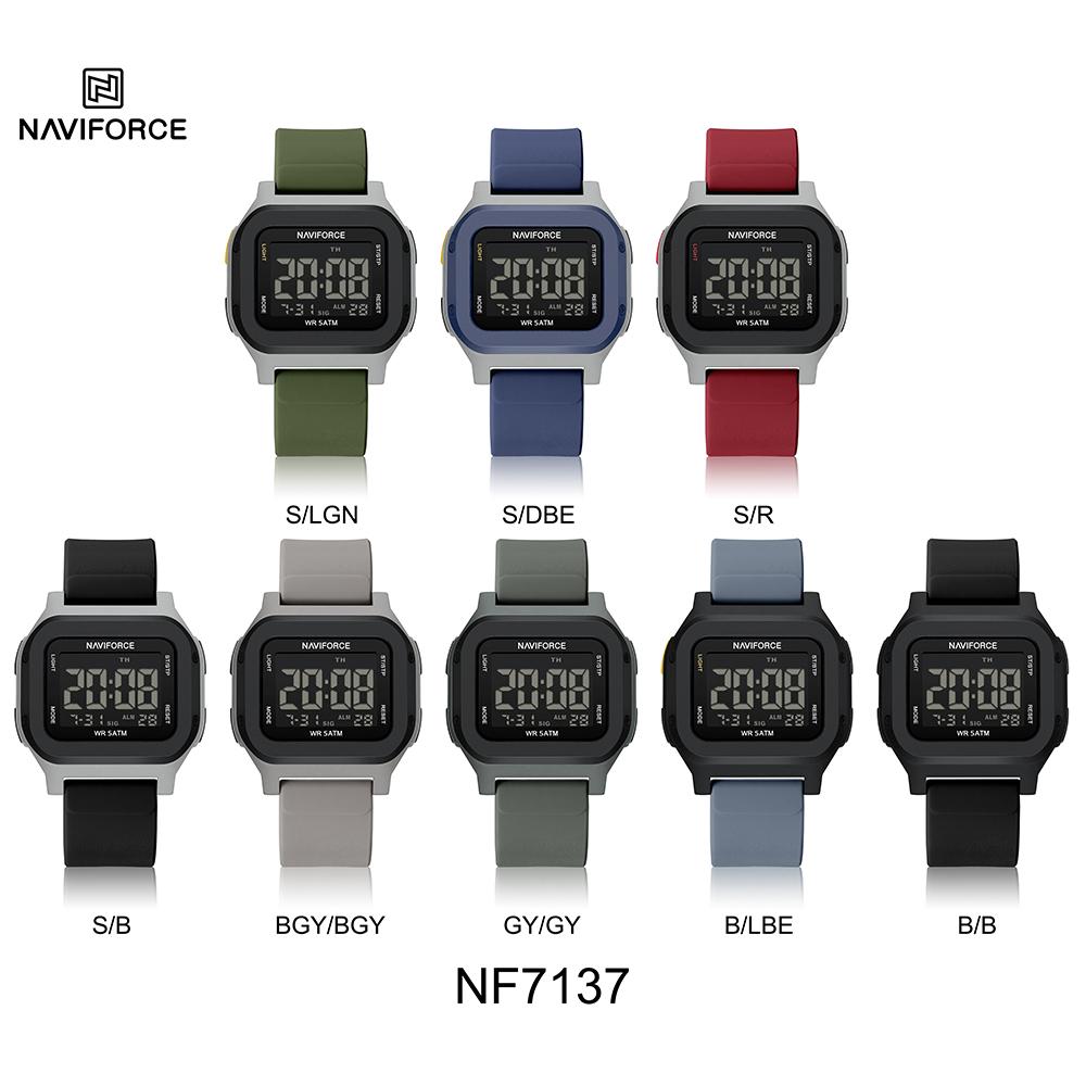 Naviforce Оригинальные мужские цифровые часы, квадратный корпус, силиконовый ремешок, водонепроницаемые, календарь, дата, хронограф, будильник, мужские спортивные часы для отдыха NF7137