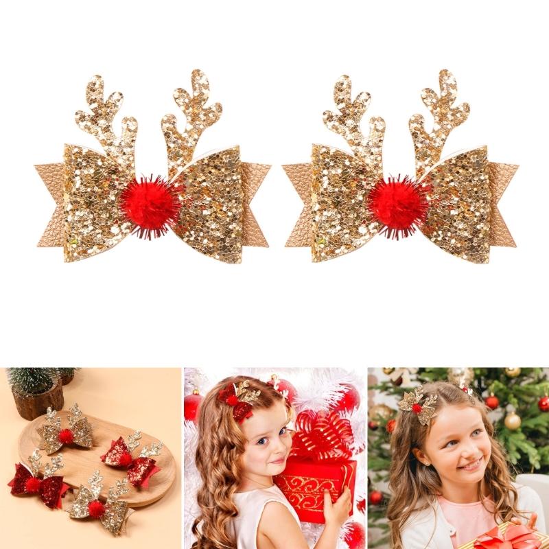 Sparkling Hair Clip with Sequins Cute Bowknot Deer Horn Hairpin for Girls Perfect Festive Headwear Christmas Present