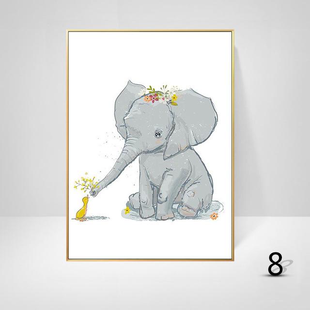 Картина на холсте с мультяшными животными, слон, кролик, воздушный шар, декоративная живопись для детской комнаты, креативное искусство, подвесная картина