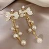 Pearl Bow Long Tassel Earrings