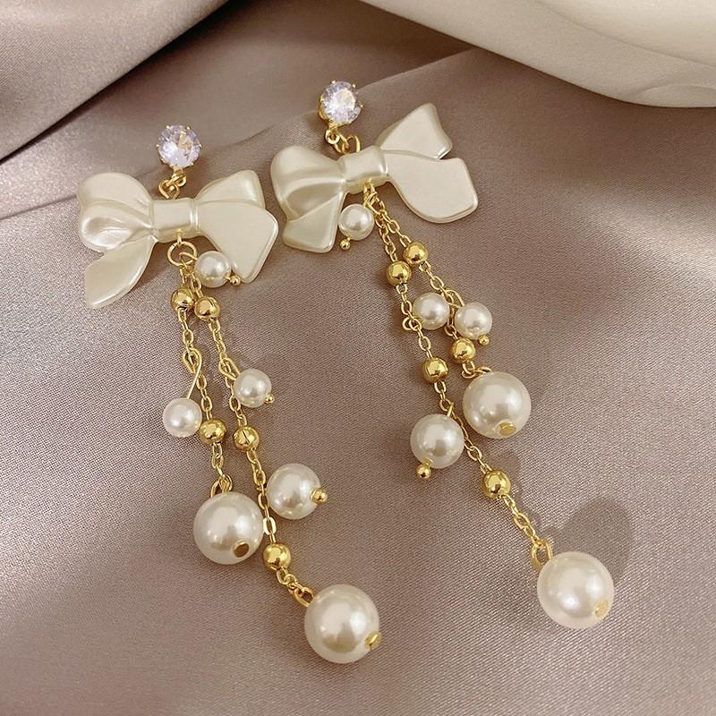 Pearl Bow Long Tassel Earrings