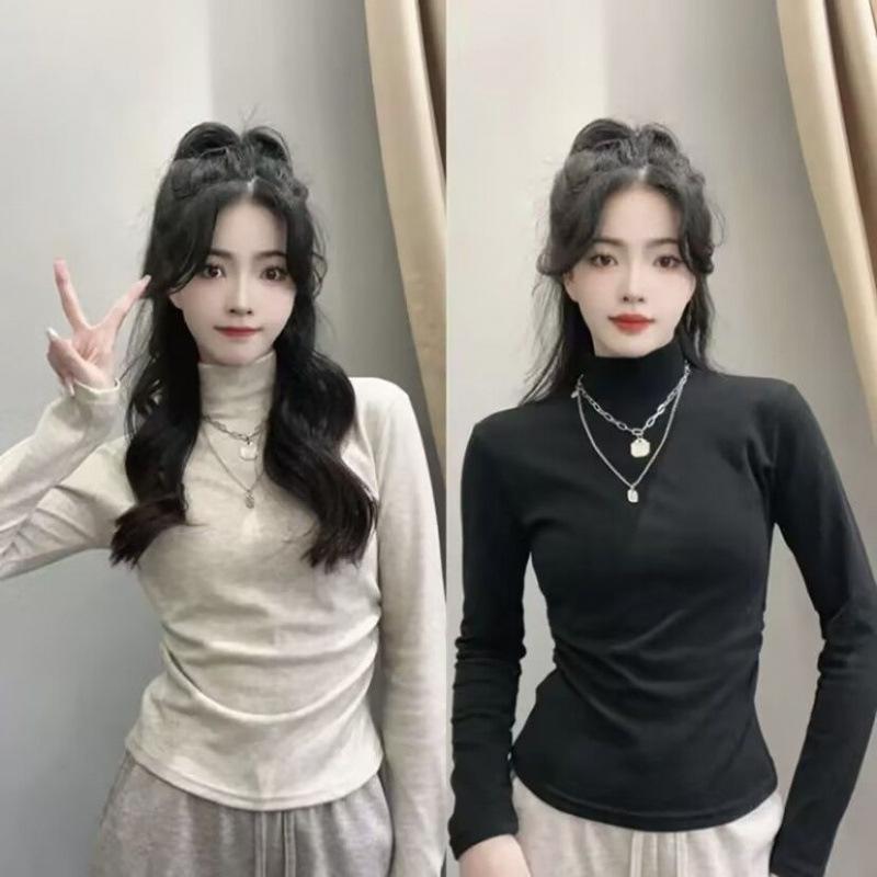 Autumn and Winter Thickened Velvet Half Turtleneck Versatile Bottoming Shirt with Slim Fit Short Warm T-shirt Tight Top