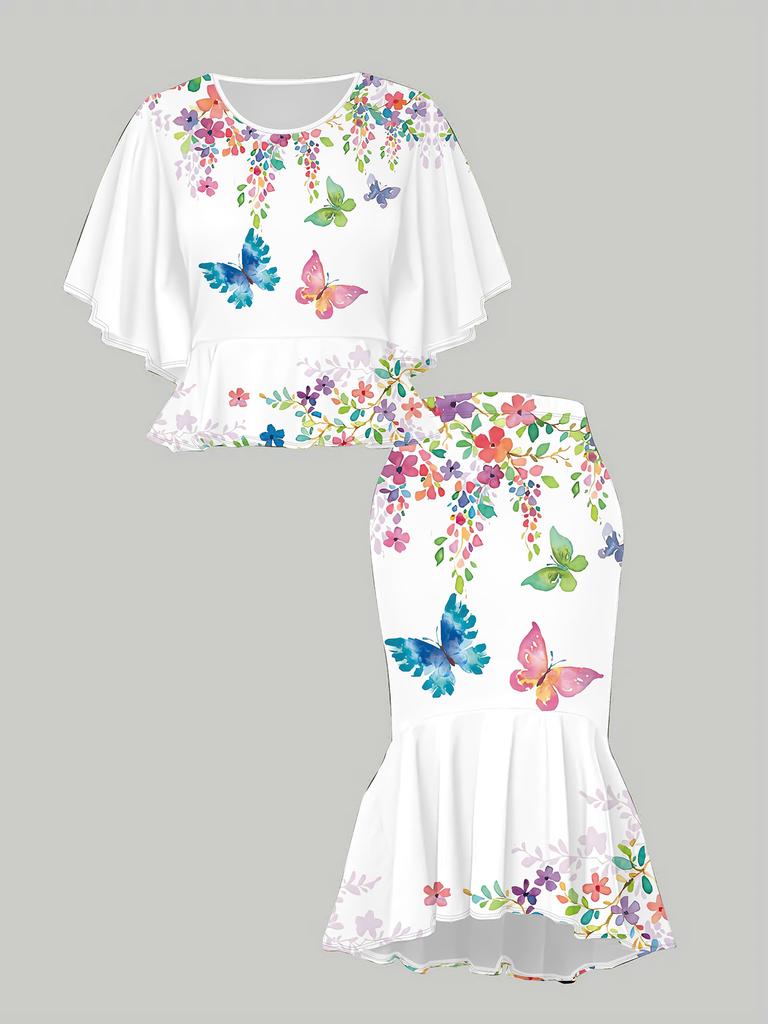 3D Butterfly Printed Classical Totem Women's Print, Fashionable Large-sized, Elegant, Versatile for All Seasons. T-shirt, Skirt and Set