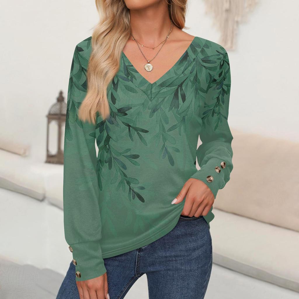 Женские топы с цветочным принтом, рубашка с длинным рукавом и V-образным вырезом, повседневная свободная футболка, осенняя одежда