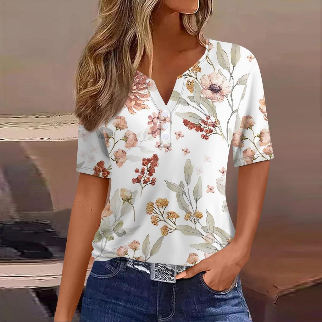 Женская повседневная футболка с v-образным вырезом и коротким рукавом с цветочным принтом и декоративными пуговицами, топ