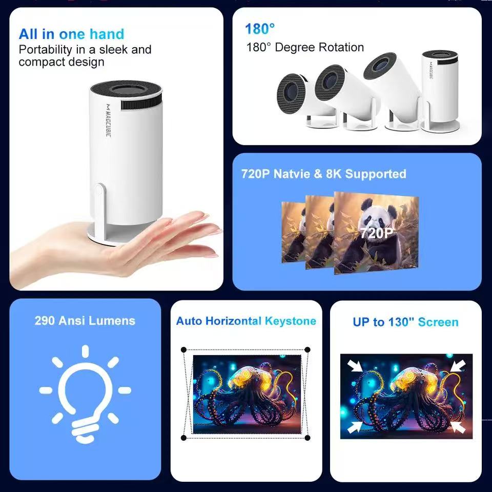 Проектор HY300 Linux Двойной Wifi6 290ANSI Allwinner H726 BT5.4 1080P 1280*720P Домашний Кинотеатр Наружный Проектор