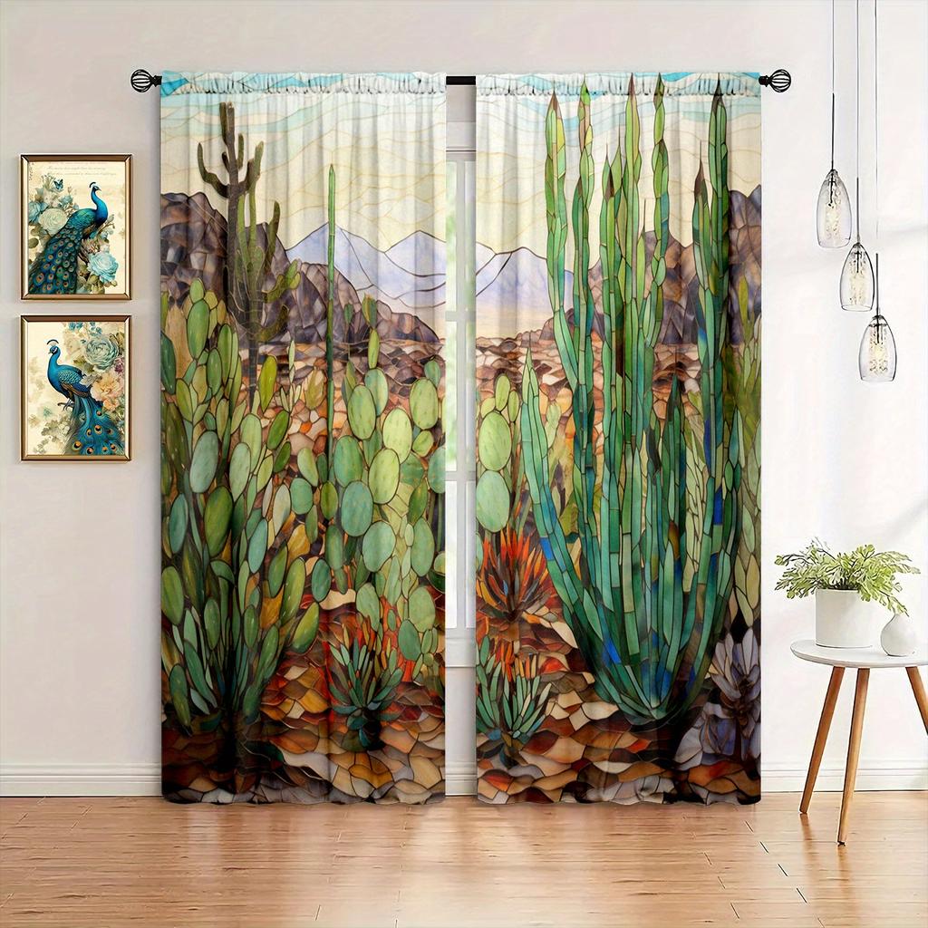 2 шт. занавески с принтом пустынного кактуса для домашнего декора - оконные карманы с карнизом для спальни, офиса, кухни и гостиной