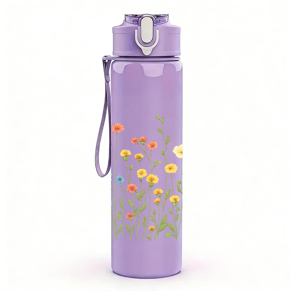 1PC Wild Daisy Floral Field 750ml Color Plastic Sports Water Bottle Leakproof Flip Straw Lid For Sports Office Home Use