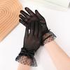 1 Pair Women Prom Gloves See-through Lace Bow Decor Hollow Out Fishnet Ruffle Edge Thin Full Finger Performances Bride Wedding Gloves