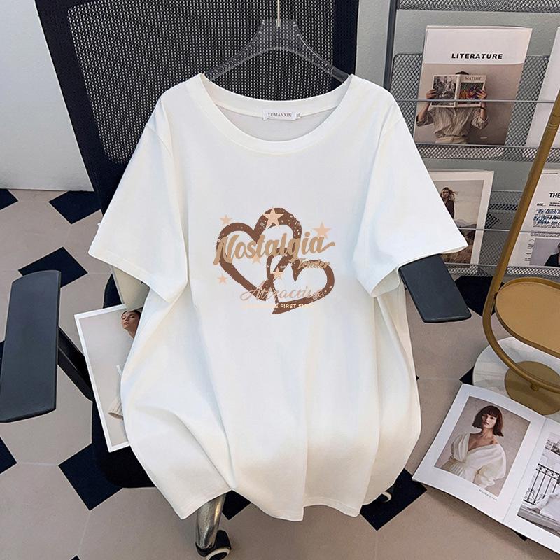 Женская облегающая футболка большого размера средней длины с коротким рукавом - Круглый вырез, Свободный крой (Размеры 200-350 Цзинь)