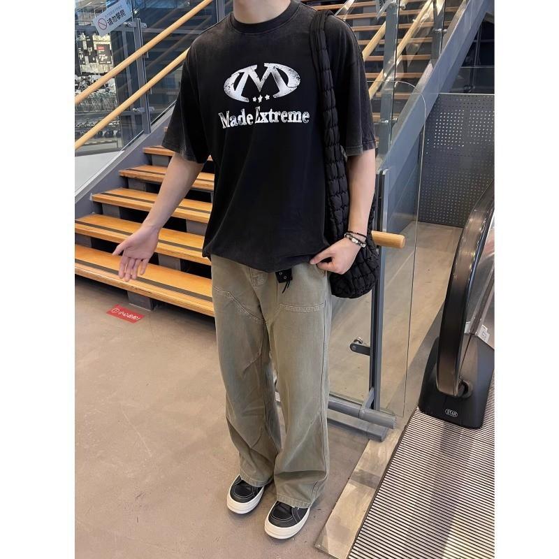 Mens Vintage Washed Straight Fit Cargo Pants With Rivets Detail Loose Relaxed Workwear Style